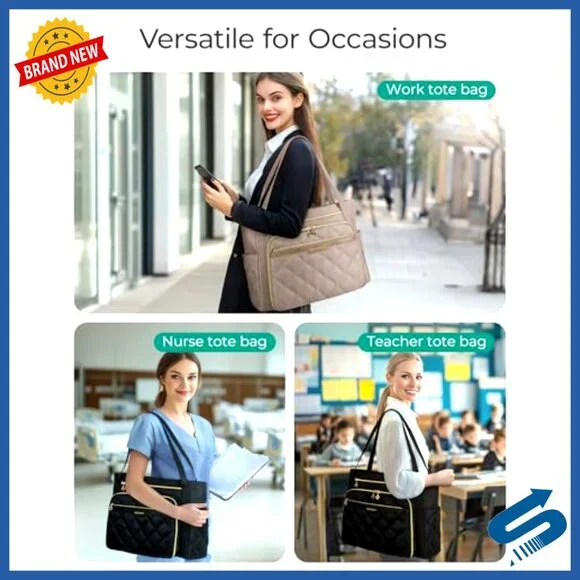 15.6in Quilted Laptop Tote with Insulated Pocket, Teacher Nurse Bag - Picture 5 of 6